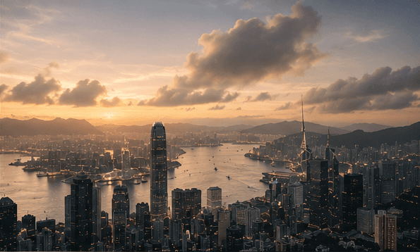 A harbour city at dusk, seen from above